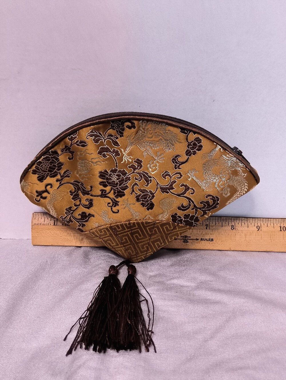 Gold Floral Embroidered Women’s Silk Fan Shaped Clutch purse
